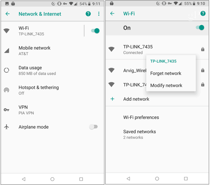 Android Wi-Fi network settings screen showing manual static DNS entry
