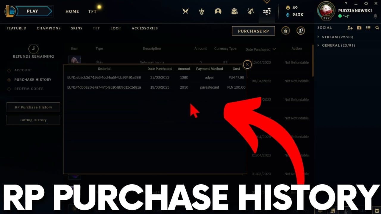 Skrin sejarah pembelian klien League of Legends yang menunjukkan rekod transaksi RP