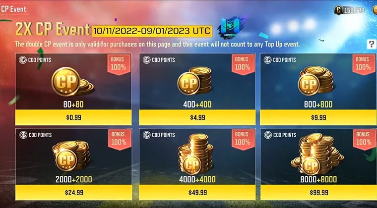 Call of Duty Mobile store interface showing CP bundles and pricing tiers