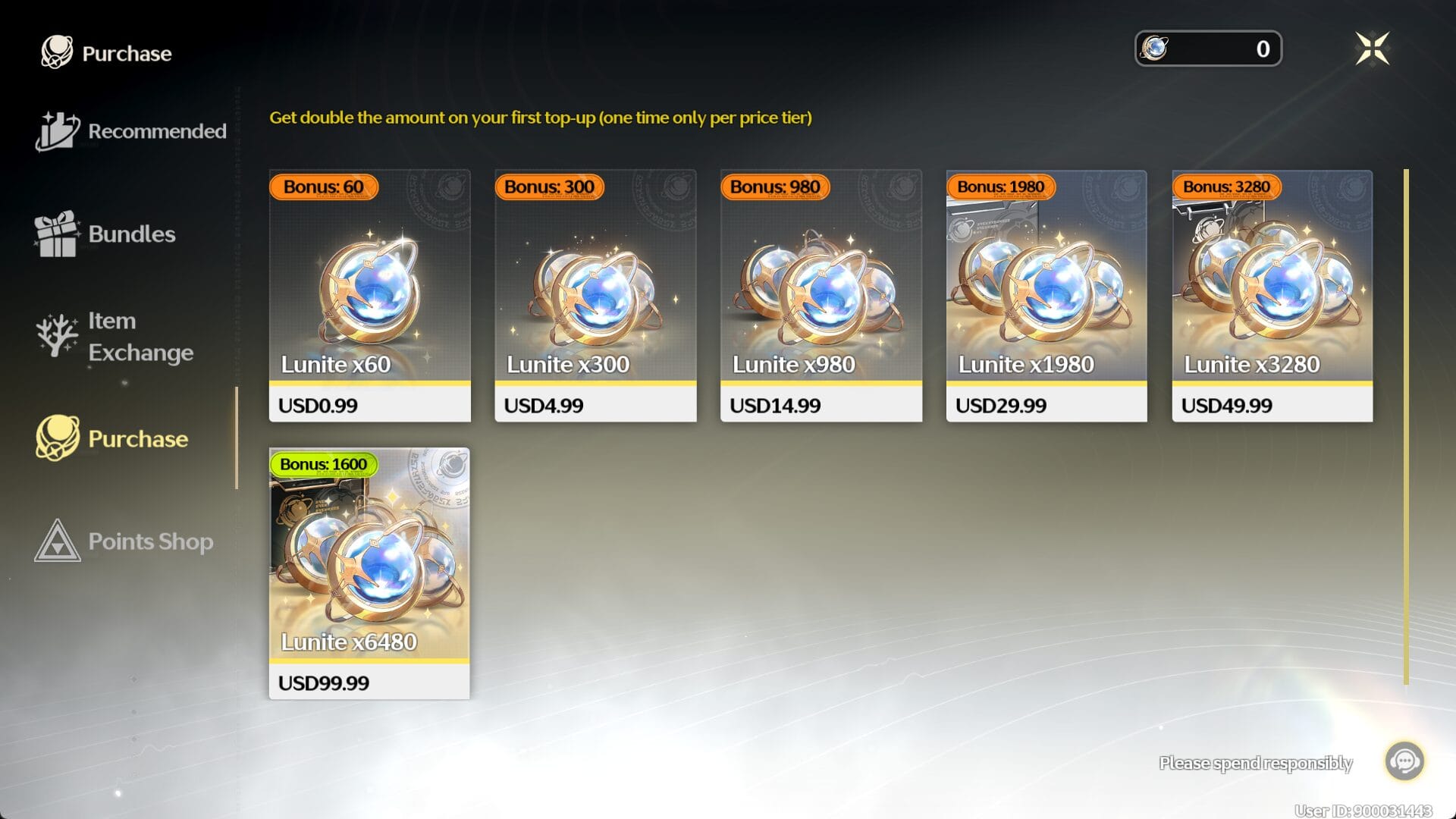 Wuthering Waves Lunite top-up store interface with pack options