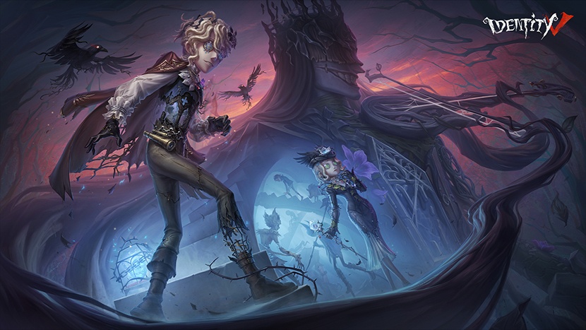 Gothic Identity V key art of a hunter facing four survivors at a manor