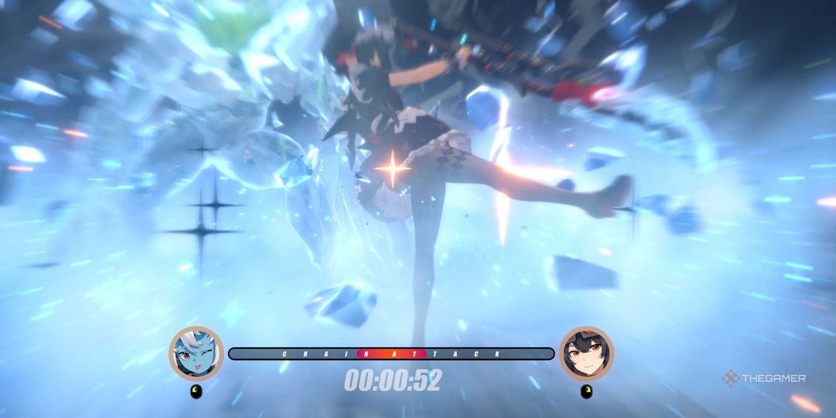Zenless Zone Zero boss enemy staggered with daze meter full and chain attack prompt