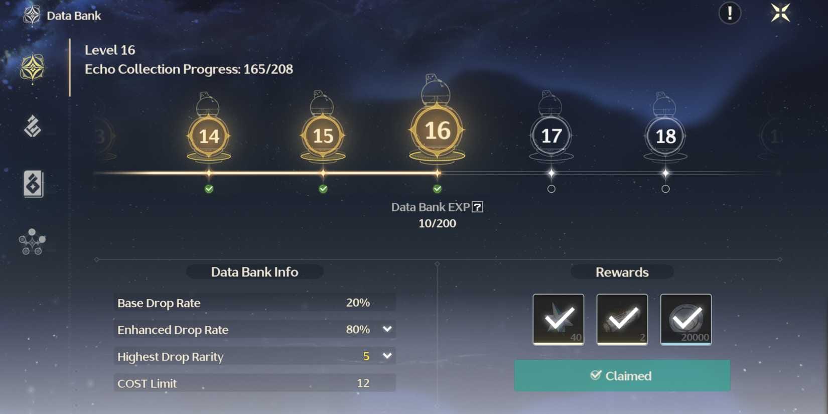 Wuthering Waves Lunite data bank level up screen