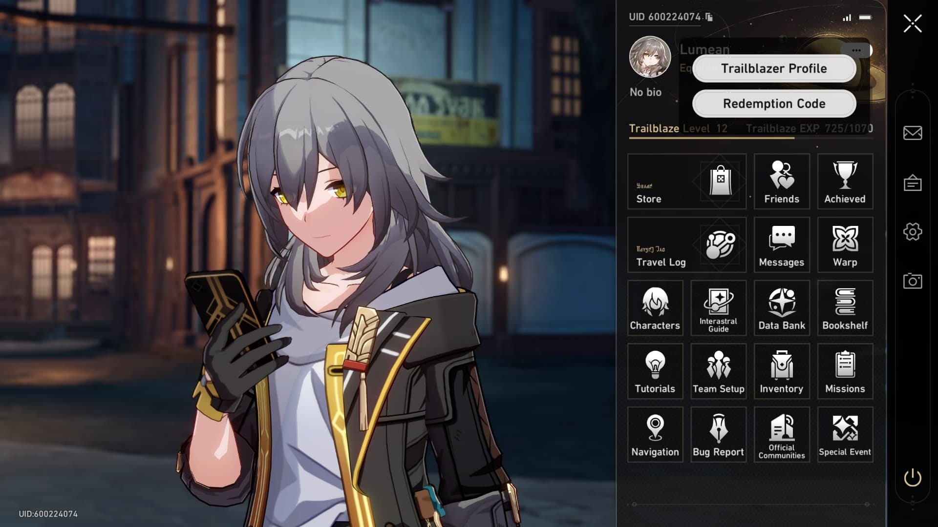 Menu de código de resgate no jogo em Honkai: Star Rail