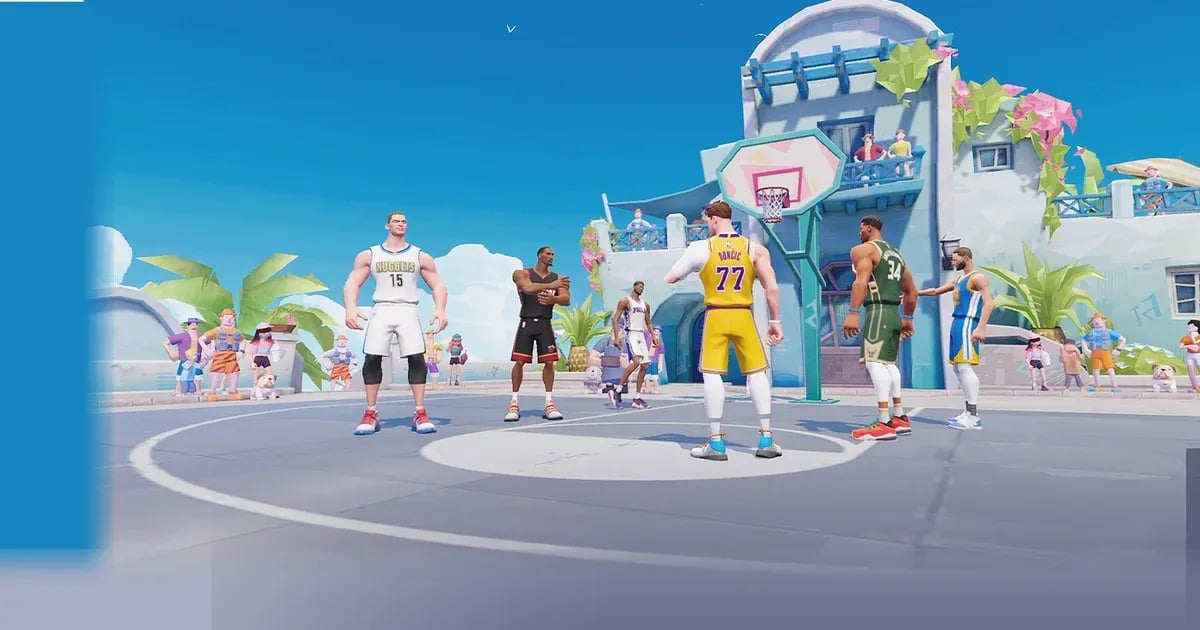 Competitive streetball match in Dunk City Dynasty showing perimeter defense