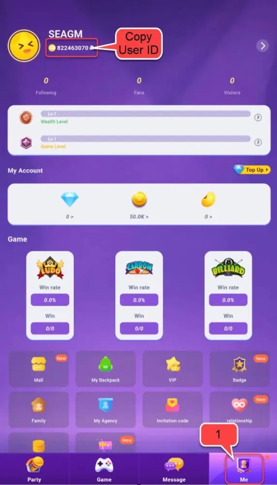 Cara mencari UID HiParty Coins anda