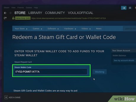 Steam account balance redemption screen with active wallet funds