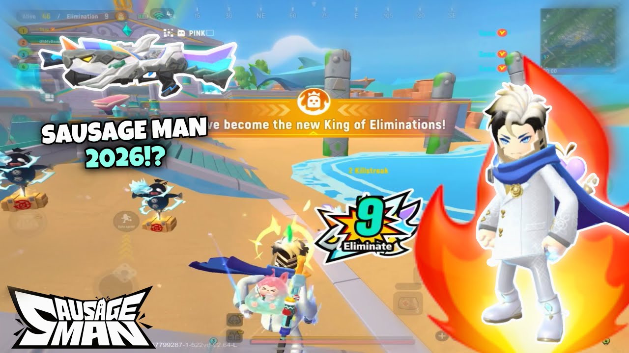 Karakter Sausage Man terjun payung ke Battle Island selama pertandingan tahun 2026