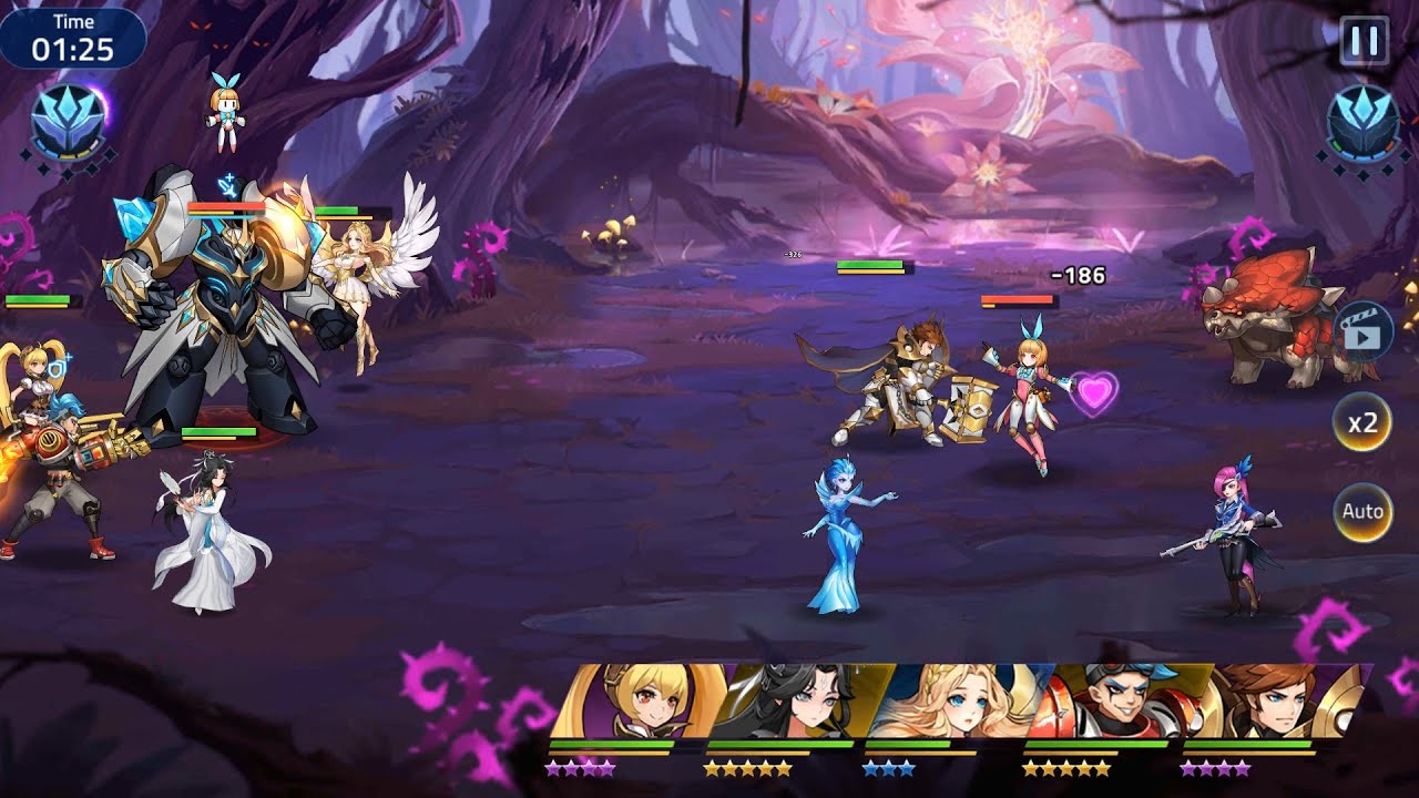 Mobile Legends Adventure campaign battle screen with heroes fighting in formation