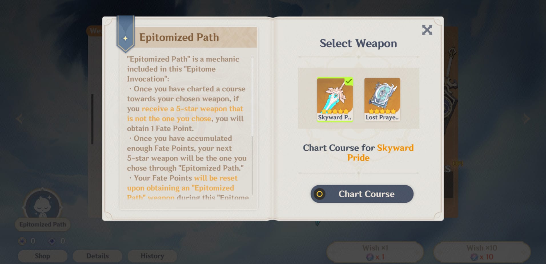 Genshin Impact wapenbanner Epitomized Path-interface met 1 Fate Point
