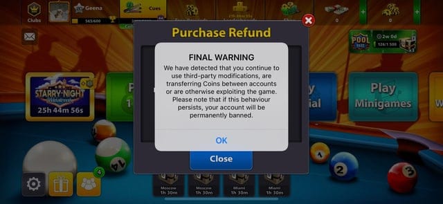 Contexto de soporte de facturación y reembolso de 8 Ball Pool que involucra a Miniclip, Apple App Store y Google Play