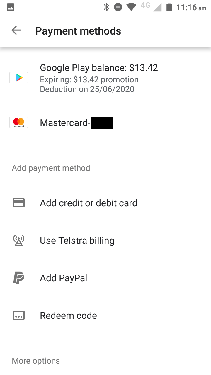 Mobile checkout screen choosing Google Play balance as the primary payment method