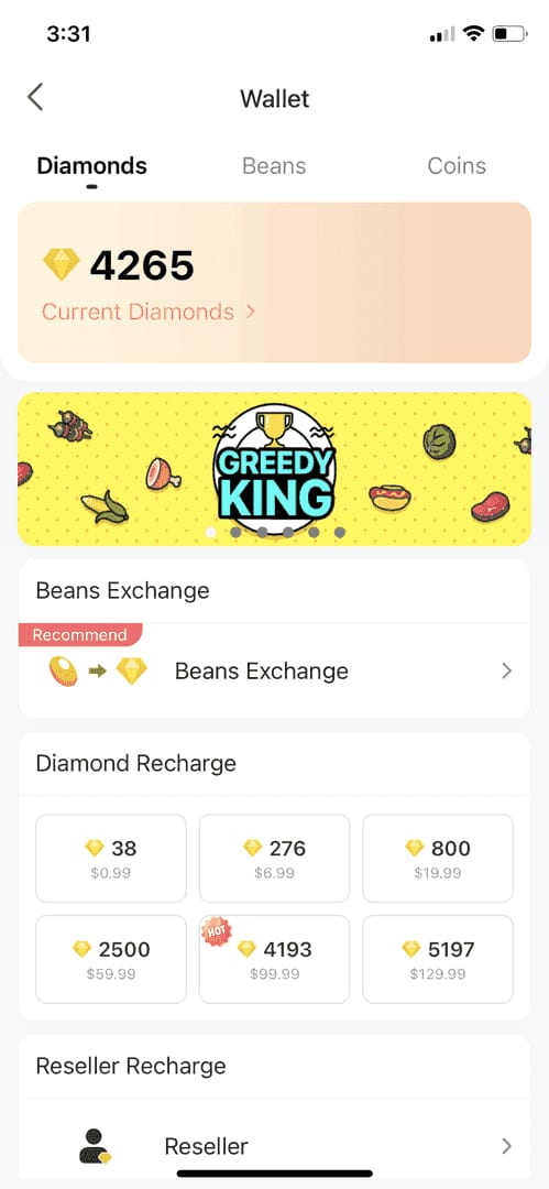 Gráfico de comparação de preços para opções oficiais de recarga de Diamonds do Bigo Live