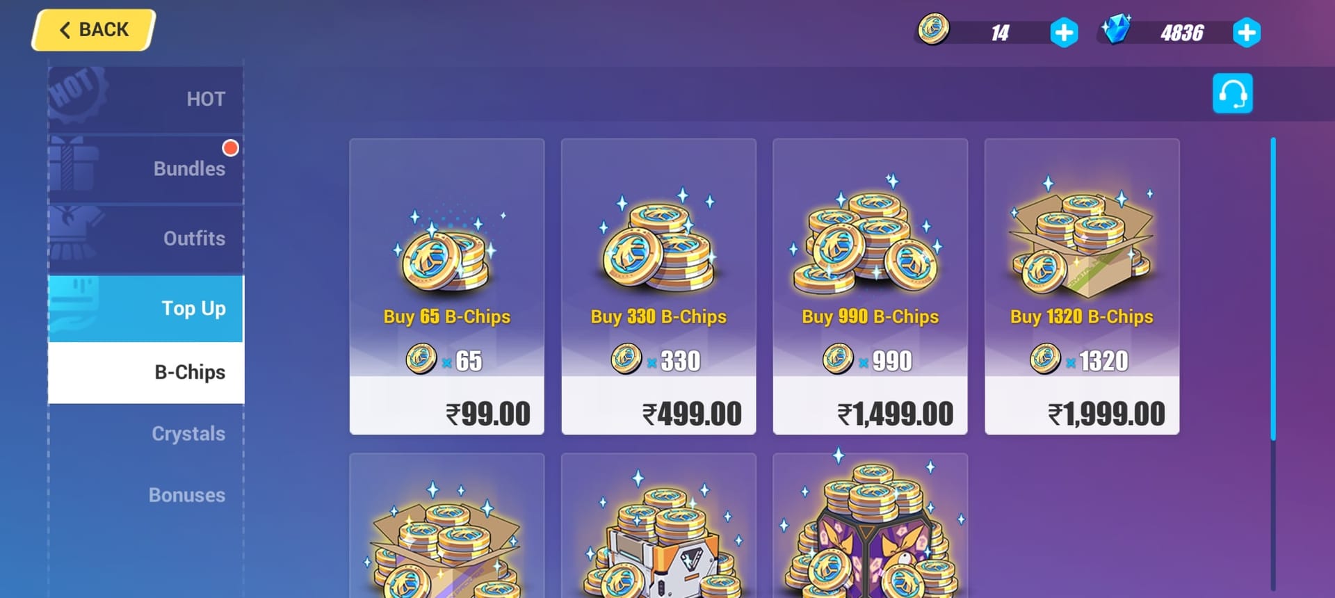 Honkai Impact 3 In-Game-Shop-Bildschirm mit der Option zur Wiederherstellung des Kaufs für die B-Chips-Aufladung