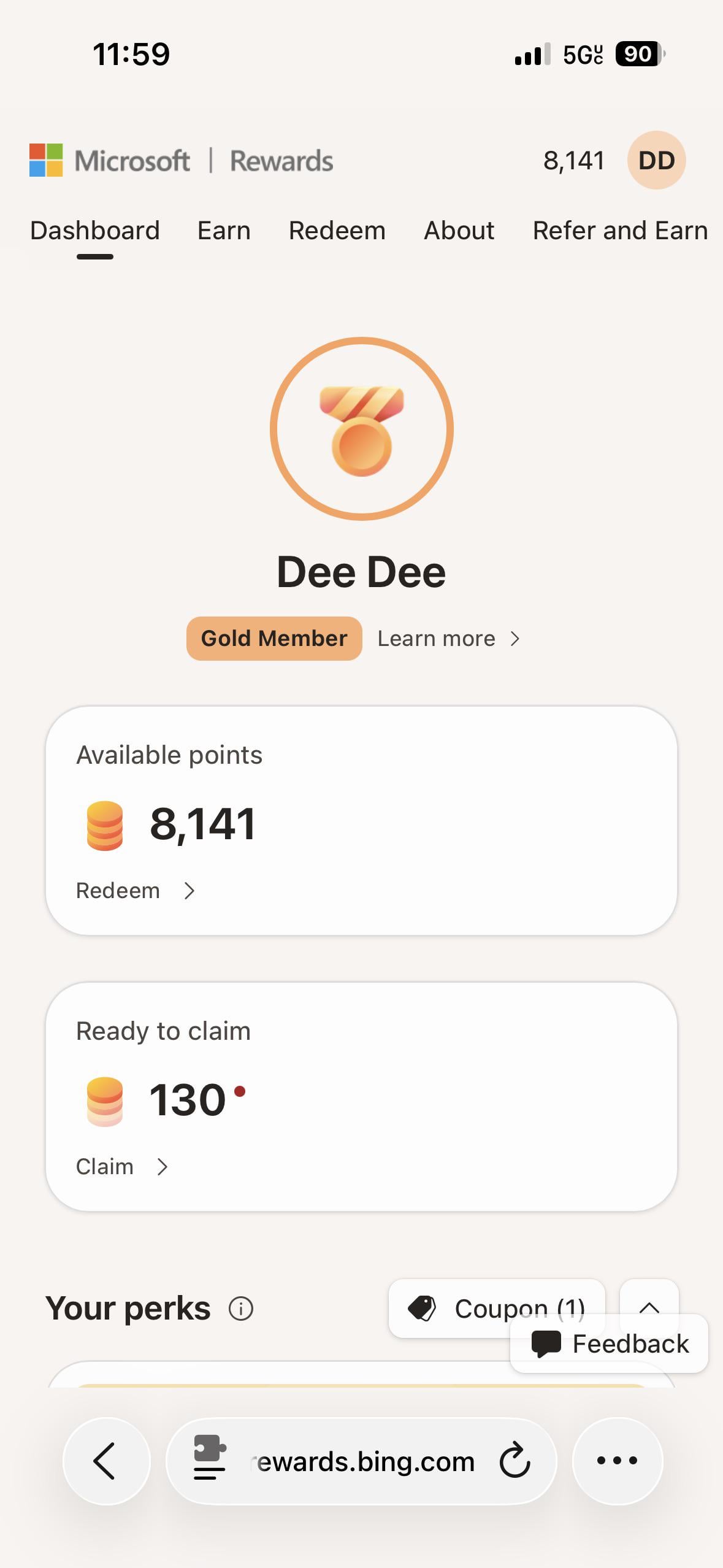 Uživatelské rozhraní Microsoft Rewards na počítači zobrazující denní součet bodů za vyhledávání