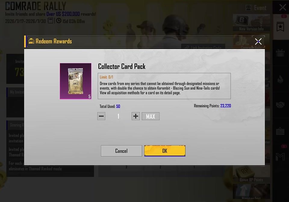 Canje del Paquete de cartas de coleccionista del Rally de Camaradas de PUBG Mobile
