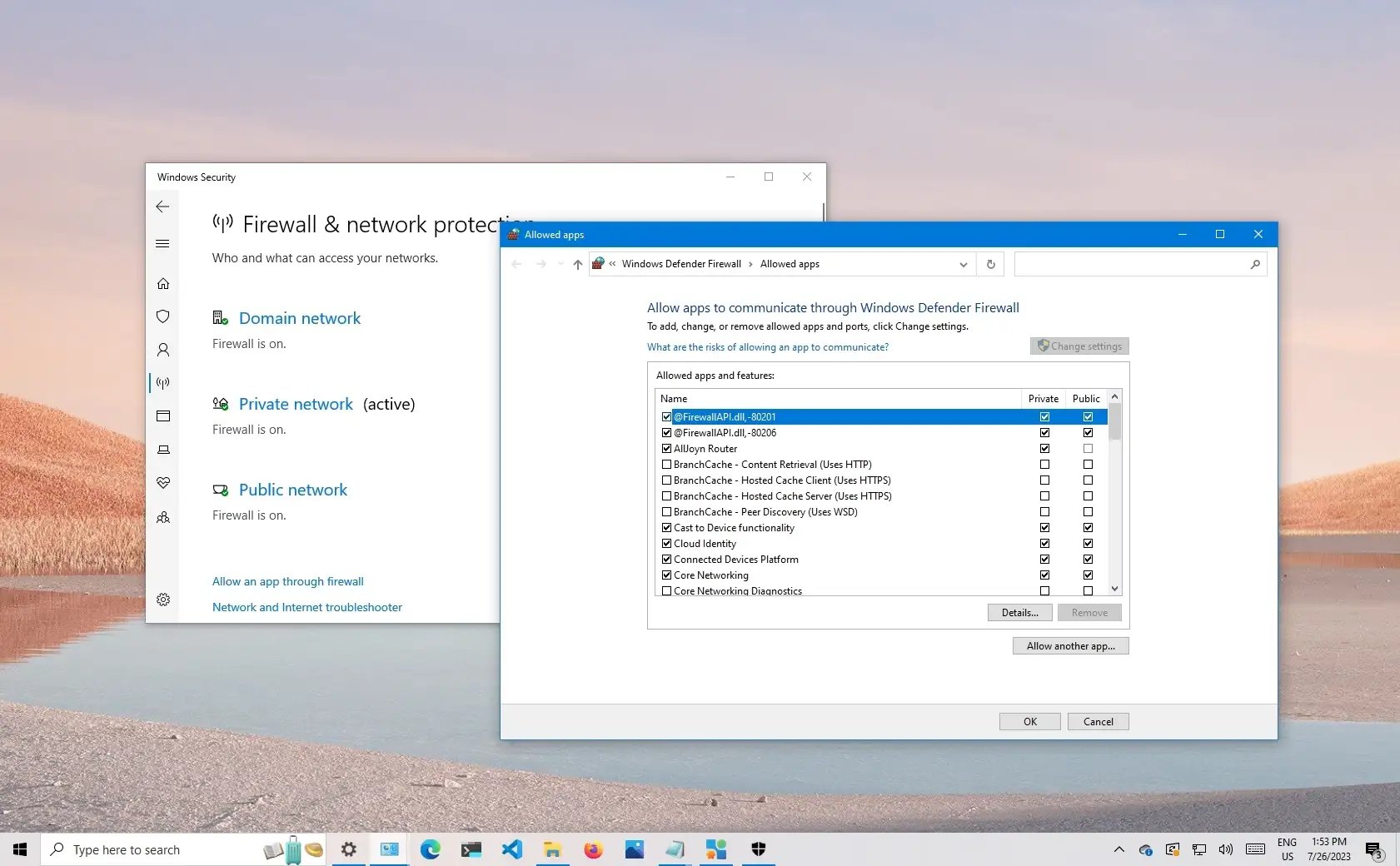 Windows Defender Firewall settings menu showing allowed inbound and outbound application permissions