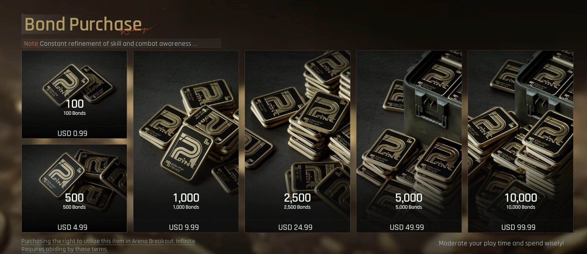Arena Breakout shop interface listing Bonds packs and premium unlocks