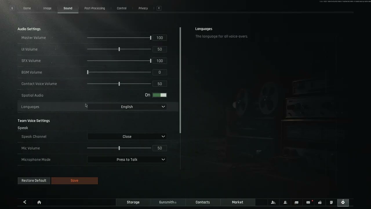 Menu ustawień dźwięku w Arena Breakout Infinite z suwakami głośności głównej i zakresu dynamicznego