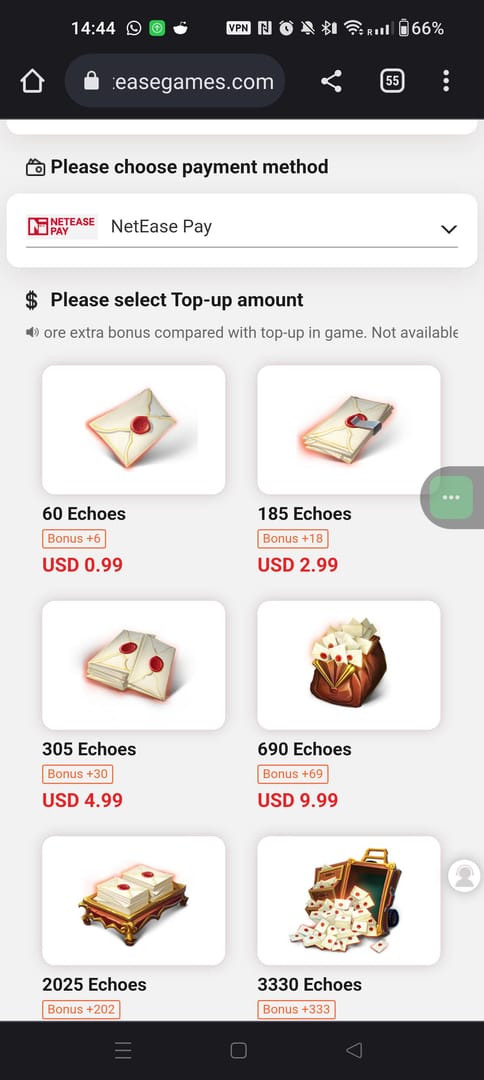 NetEase web top-up interface for Identity V Echoes