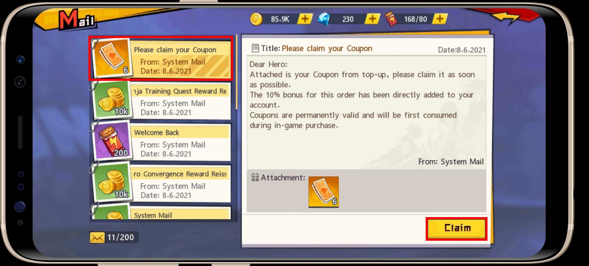 One Punch Man The Strongestのゲーム内メール画面。課金後に「Please claim your Coupon」というメッセージが表示されています。