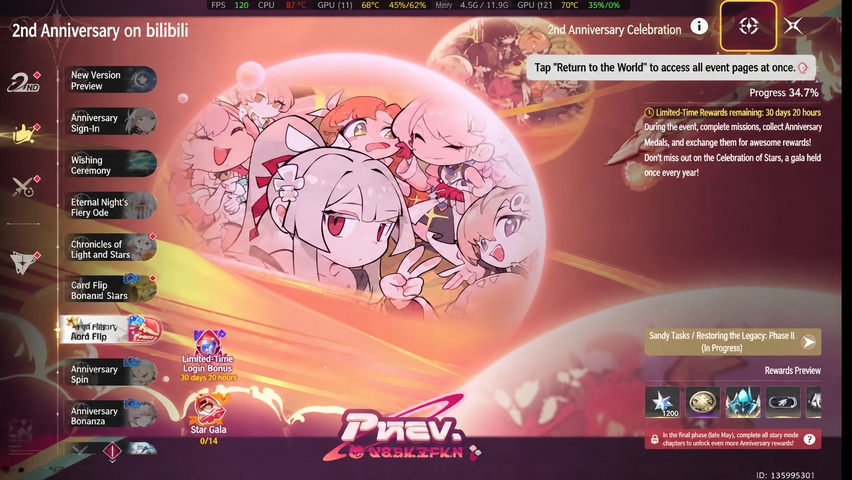Anniversary hub showing 34.7% server progress, event icons, and the 30 day 20 hour limited reward countdown