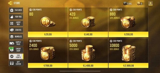 Interfaccia dei prezzi regionali di Call of Duty: Mobile CP