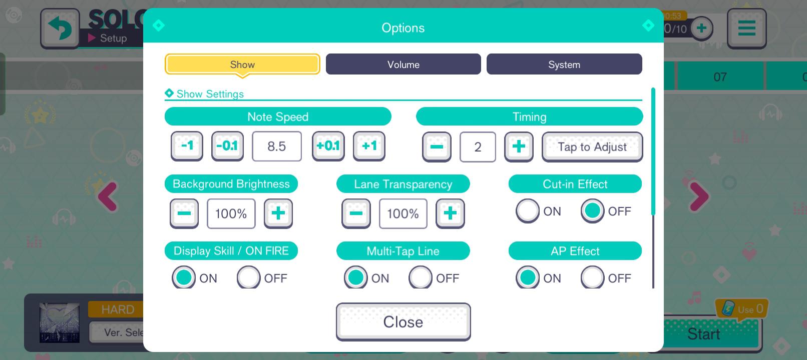 Pantalla de calibración de desfase de sincronización en el menú de opciones de Hatsune Miku Colorful Stage