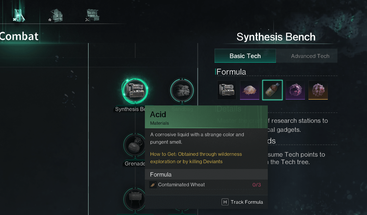 Menu crafting Advanced Synthesis Workbench menampilkan resep acid sulfur chemist di Once Human