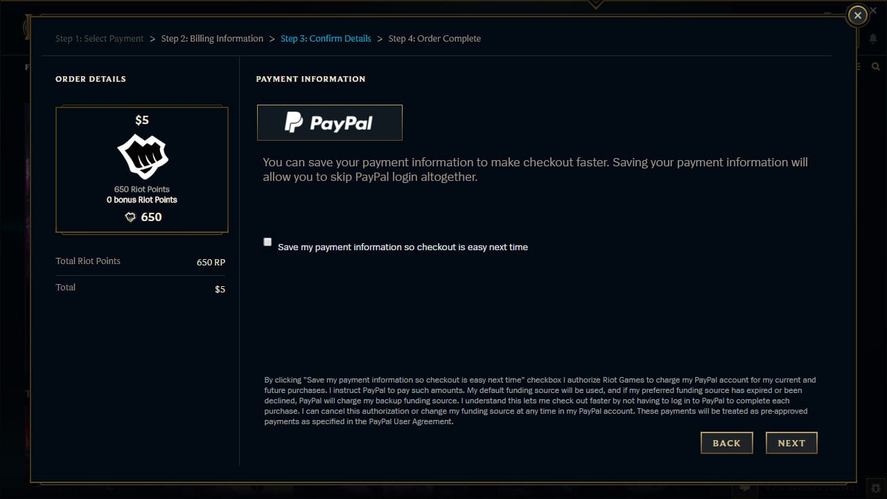 Contoh bukti pembayaran League of Legends dengan jumlah transaksi dan rekod caj
