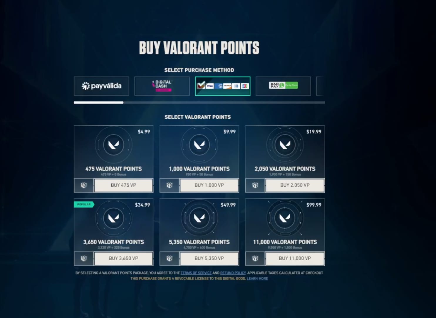 Valorant Points (VP) Support-Ticket-Oberfläche