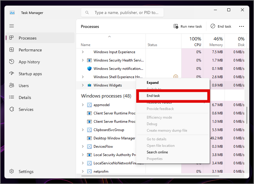 Správce úloh ukončující konfliktní úlohy překryvných vrstev na pozadí ve Windows 11