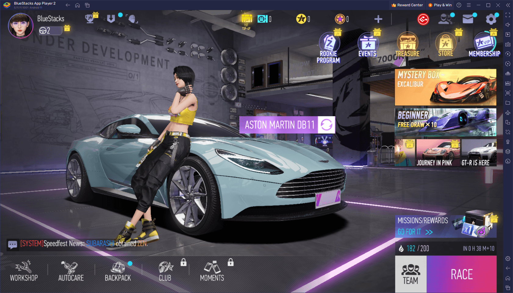 Ace Racer garage screen showing the Tokens currency in the top bar