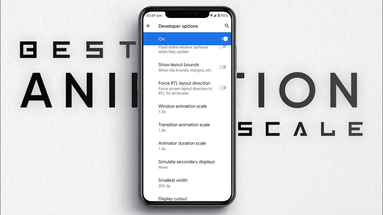 Menu delle opzioni sviluppatore Android che mostra la scala di animazione della finestra e l'opzione Forza MSAA 4x