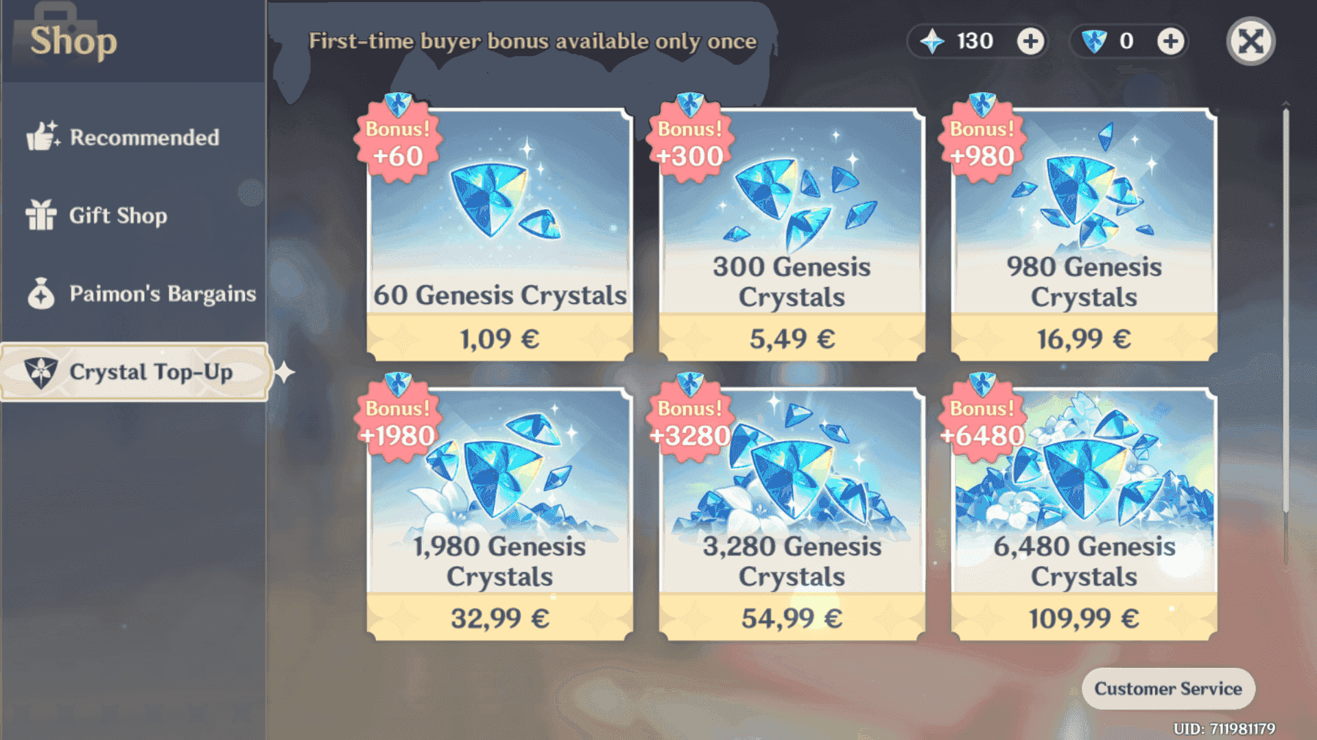 In-game crystal top up interface displaying Genesis Crystal purchase options