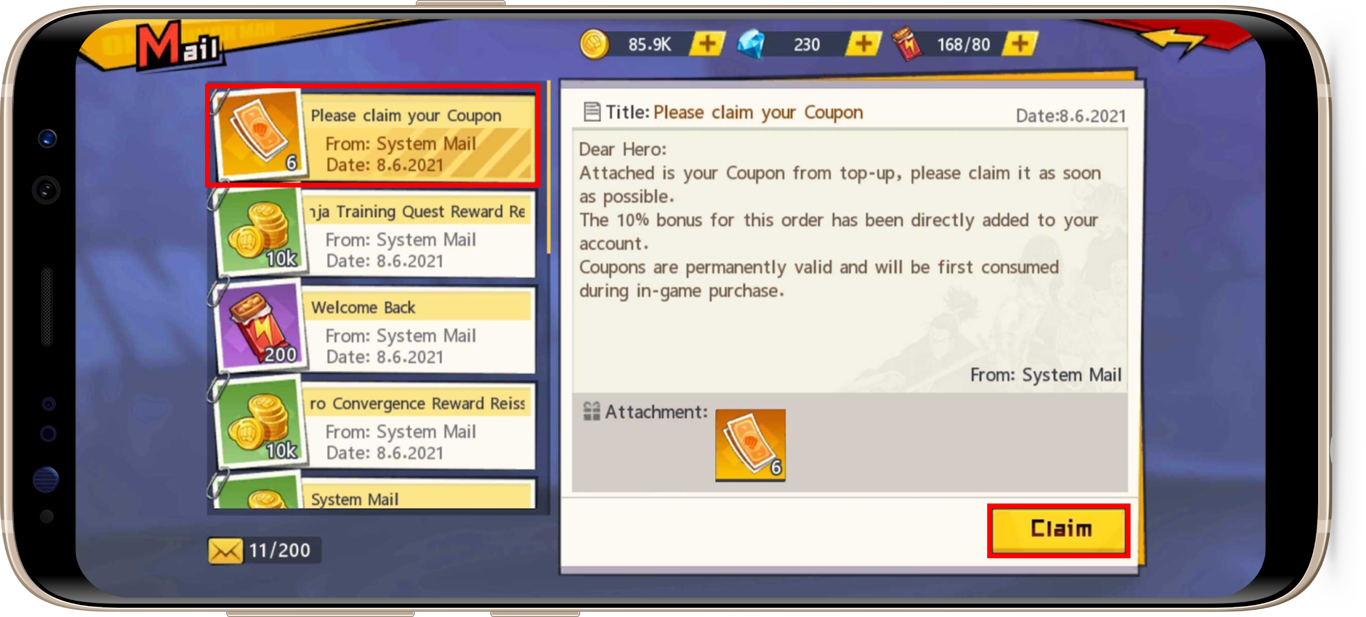 One Punch Man The Strongest in game mailbox screen showing system message claim button