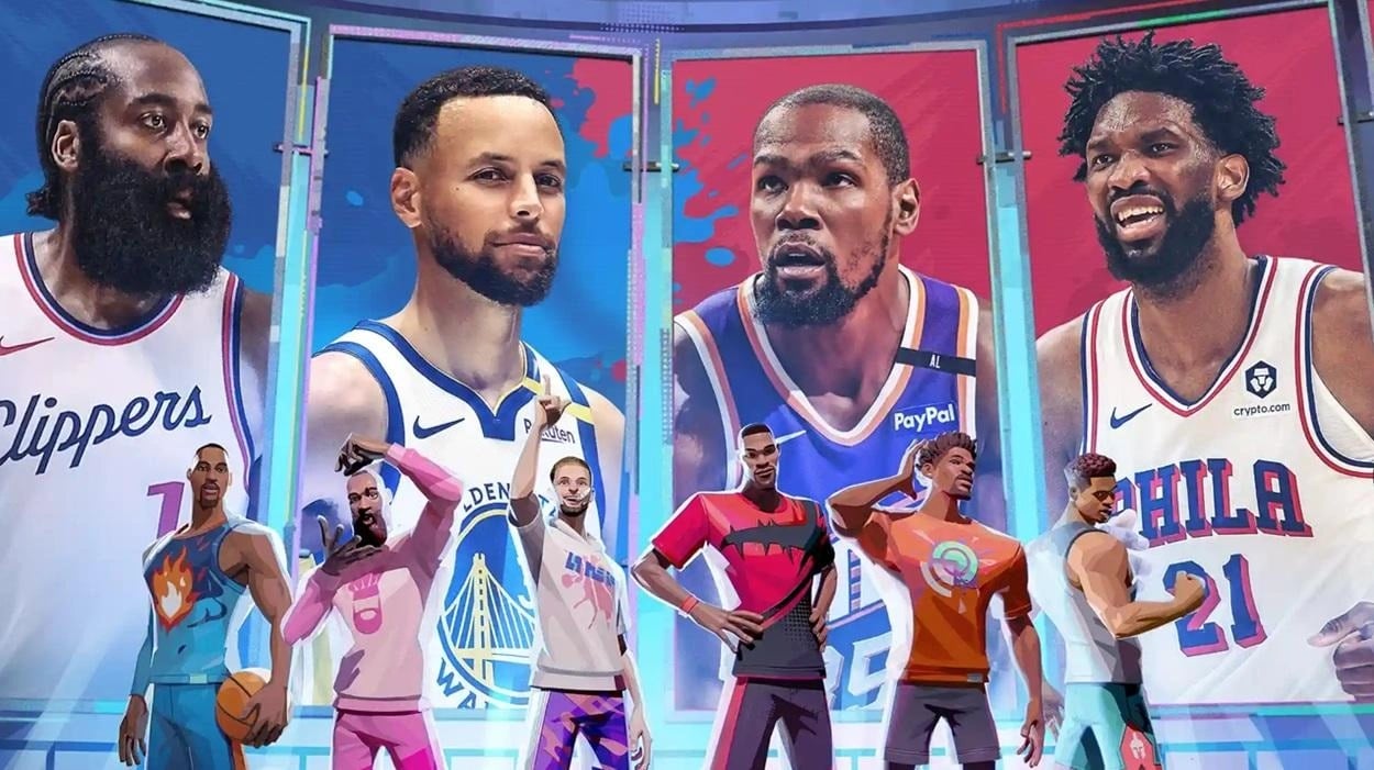 Competitive 3v3 streetball match in Dunk City Dynasty showing perimeter defense and rim contest