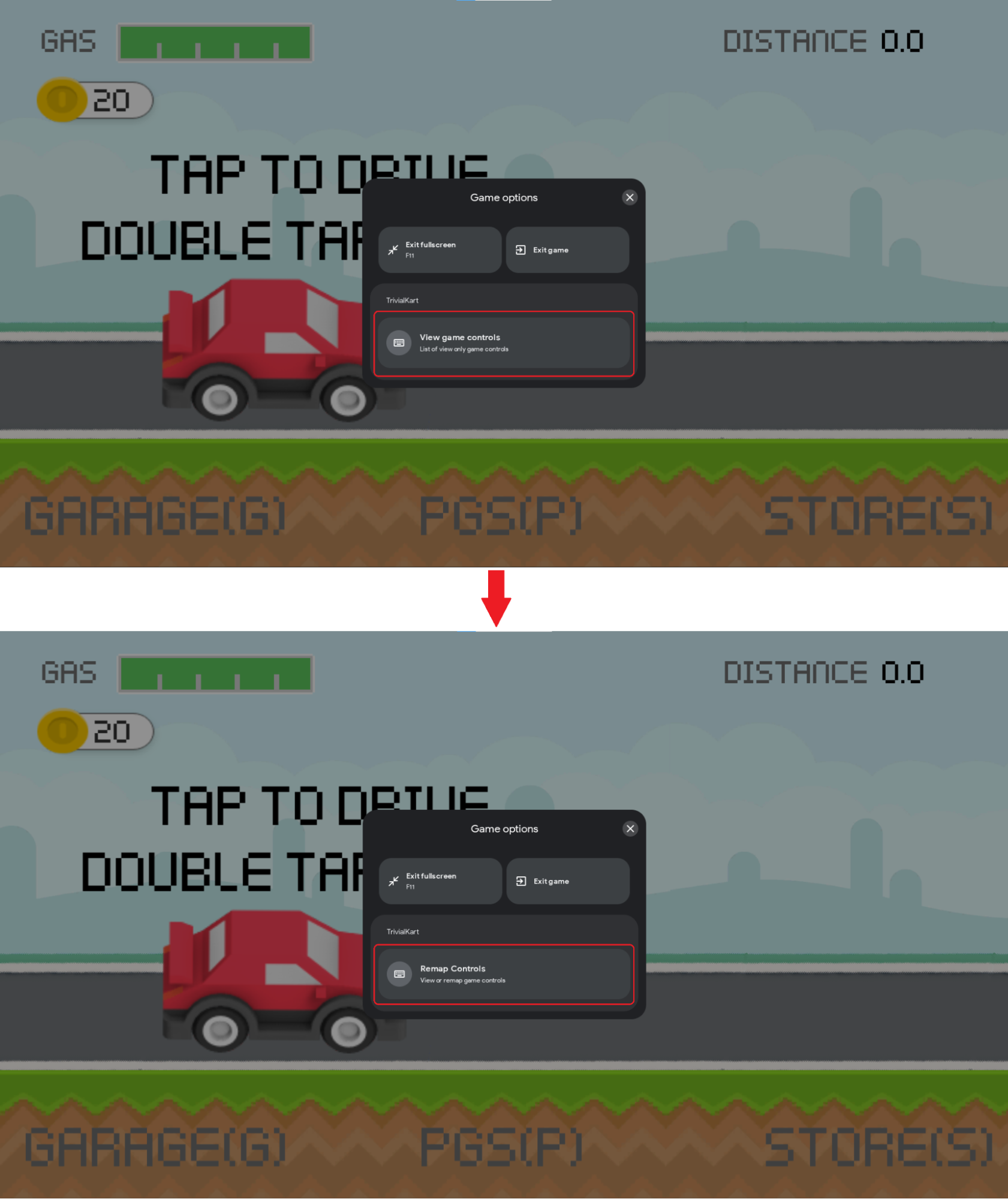 Google Play Games options menu overlay