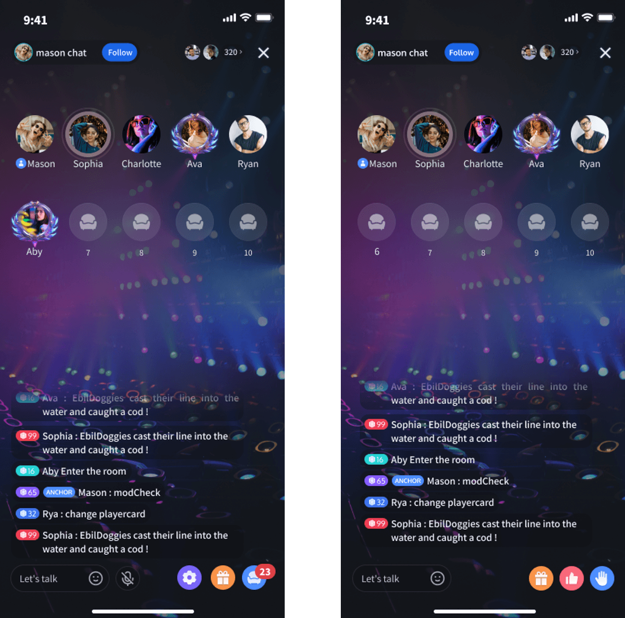 Sala de chat de voz de Yalla Live que muestra el icono del micrófono y la interfaz de audio