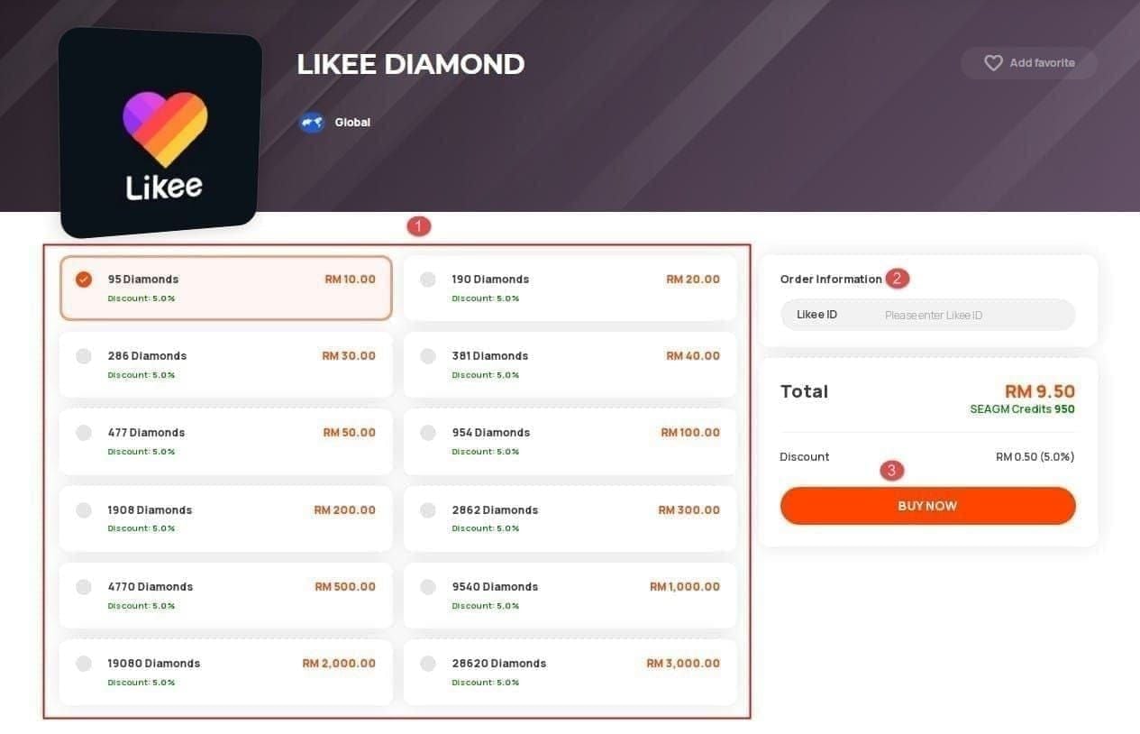 Likee wallet screen showing a diamond balance beside the in-live gift catalog