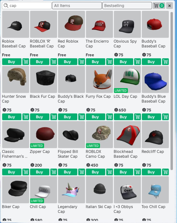 마켓플레이스에서 판매 중인 Roblox 아바타 아이템