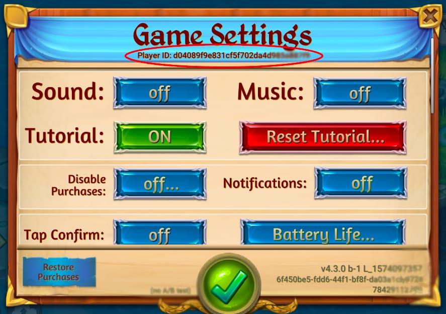 Merge Kingdoms accountinstellingenscherm met het Player ID dat wordt gebruikt voor verificatie bij het inwisselen van cadeaukaarten