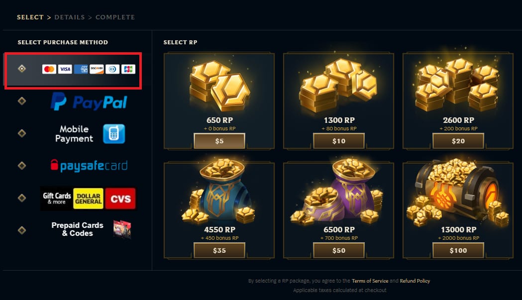 Antarmuka opsi pembayaran RP League of Legends yang menunjukkan dompet digital atau metode pembayaran yang didukung