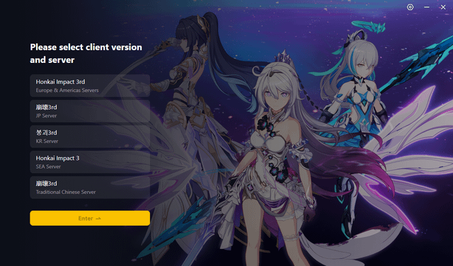 Honkai Impact 3rd Global login screen showing Americas and Europe server selection