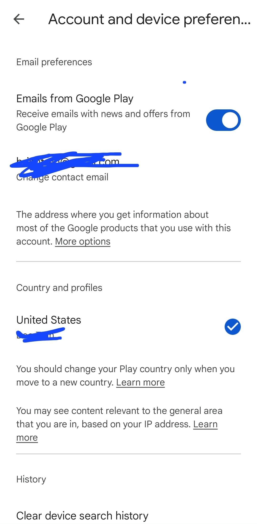 Google Play account settings country profile selection screen