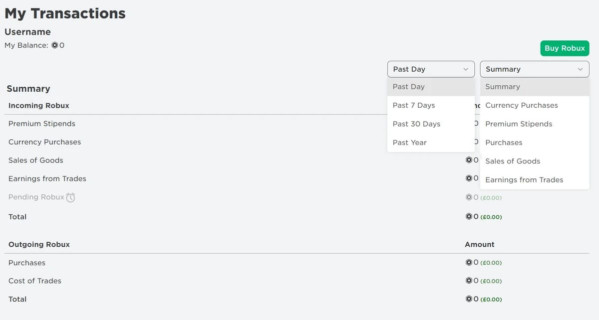 Roblox desktop transactions page displaying filter options for purchases and currency