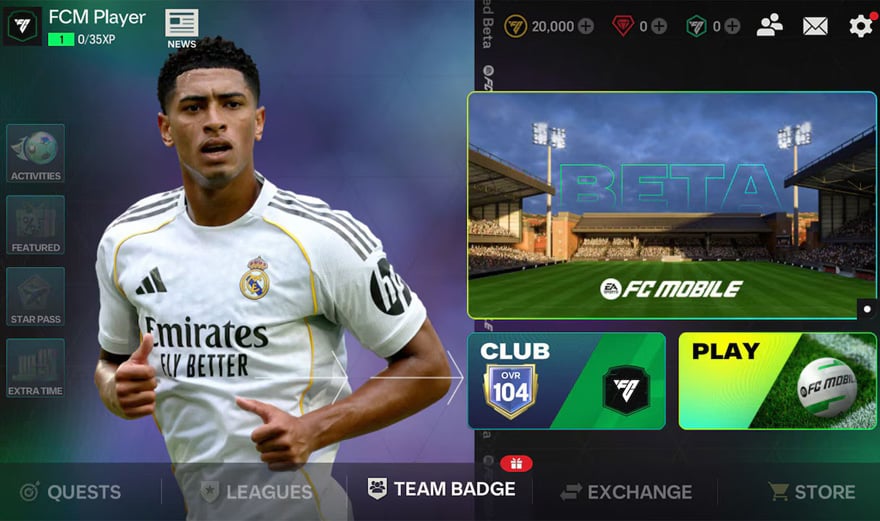 Titelbildschirm der EA Sports FC Mobile Limited Beta mit der Gast-Login-Aufforderung