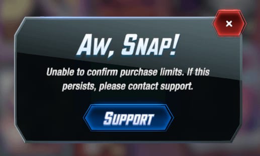 Marvel Snapのゲーム内購入失敗のエラーメッセージ