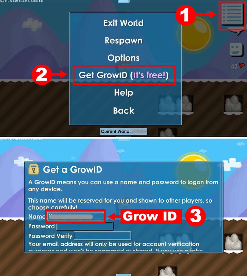 ภาพคู่มือแสดงการตรวจสอบ GrowID ของ Growtopia ระหว่างการเติม Gems
