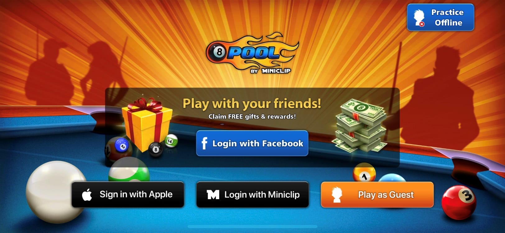 Interfaz de la aplicación 8 Ball Pool que muestra el área de inicio de sesión o configuración utilizada para la resolución de problemas de reinicio y nuevo inicio de sesión